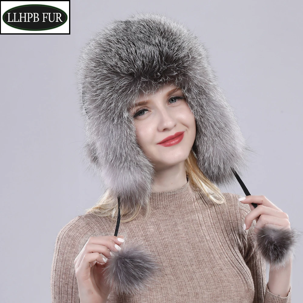 

Hot Sale Women Natural Fox Fur Russian Ushanka Hats Winter Thick Warm Ears Fashion Bomber Hat Lady Genuine Real Fox Fur Cap