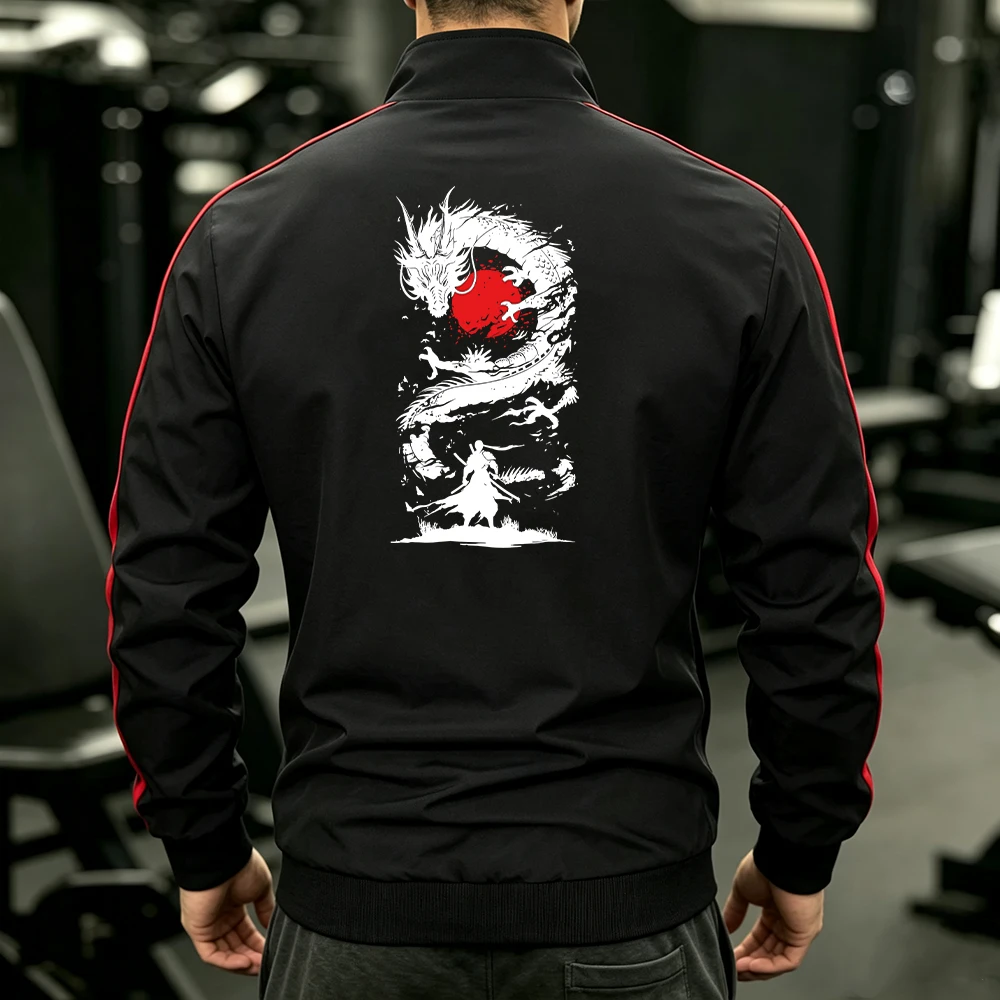Men Stand Collar Full Zip Track Sport Jacket Side Stripes Design Eastern Dragon Print Casual Workout Daily Running Outerwear Top