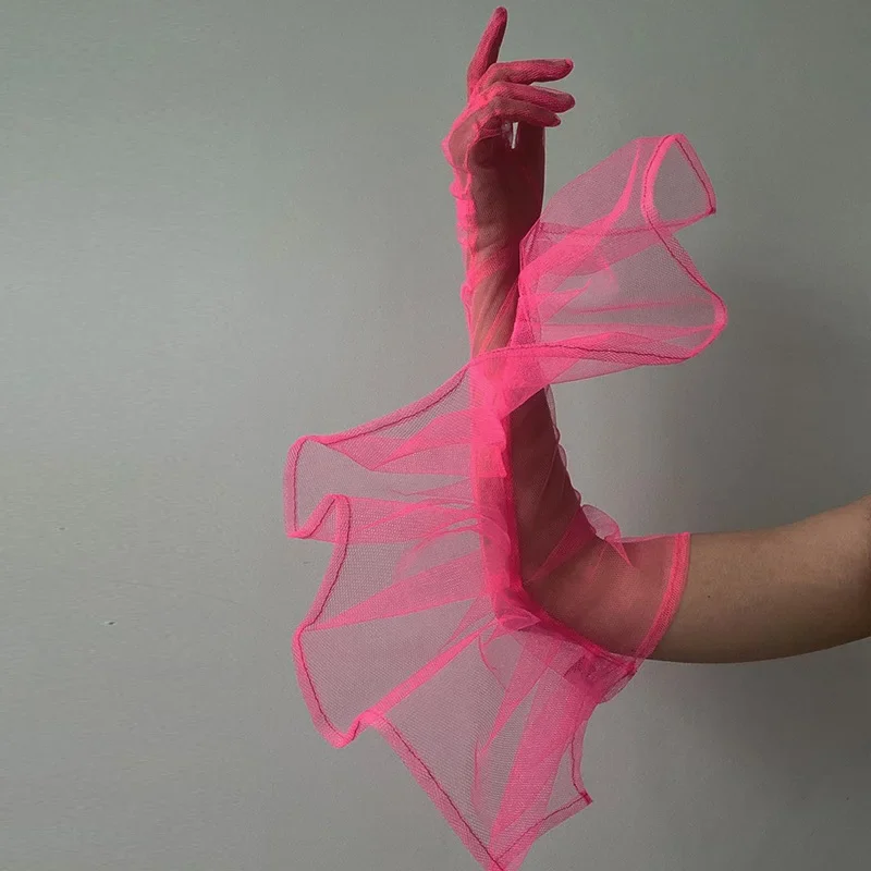 

Thin Lace Gloves Elbow Length Sheer Tulle Long Gloves Mesh Ruffle Lace Full Finger Gloves Pole Dance Accessories Outfit XS4132