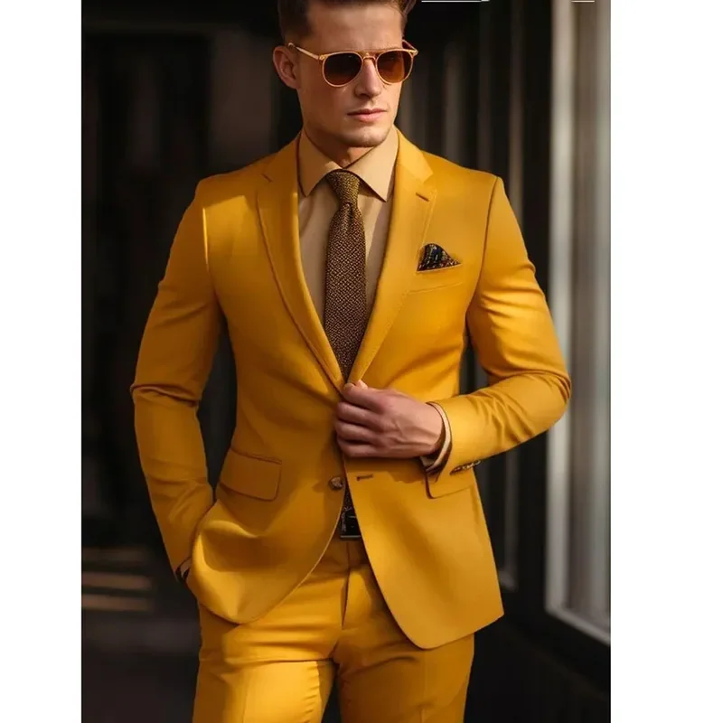 2 pezzi eleganti abiti da uomo formale Slim Fit Set completo giallo monopetto con risvolto Blazer giacca di lusso pantaloni abbigliamento maschile