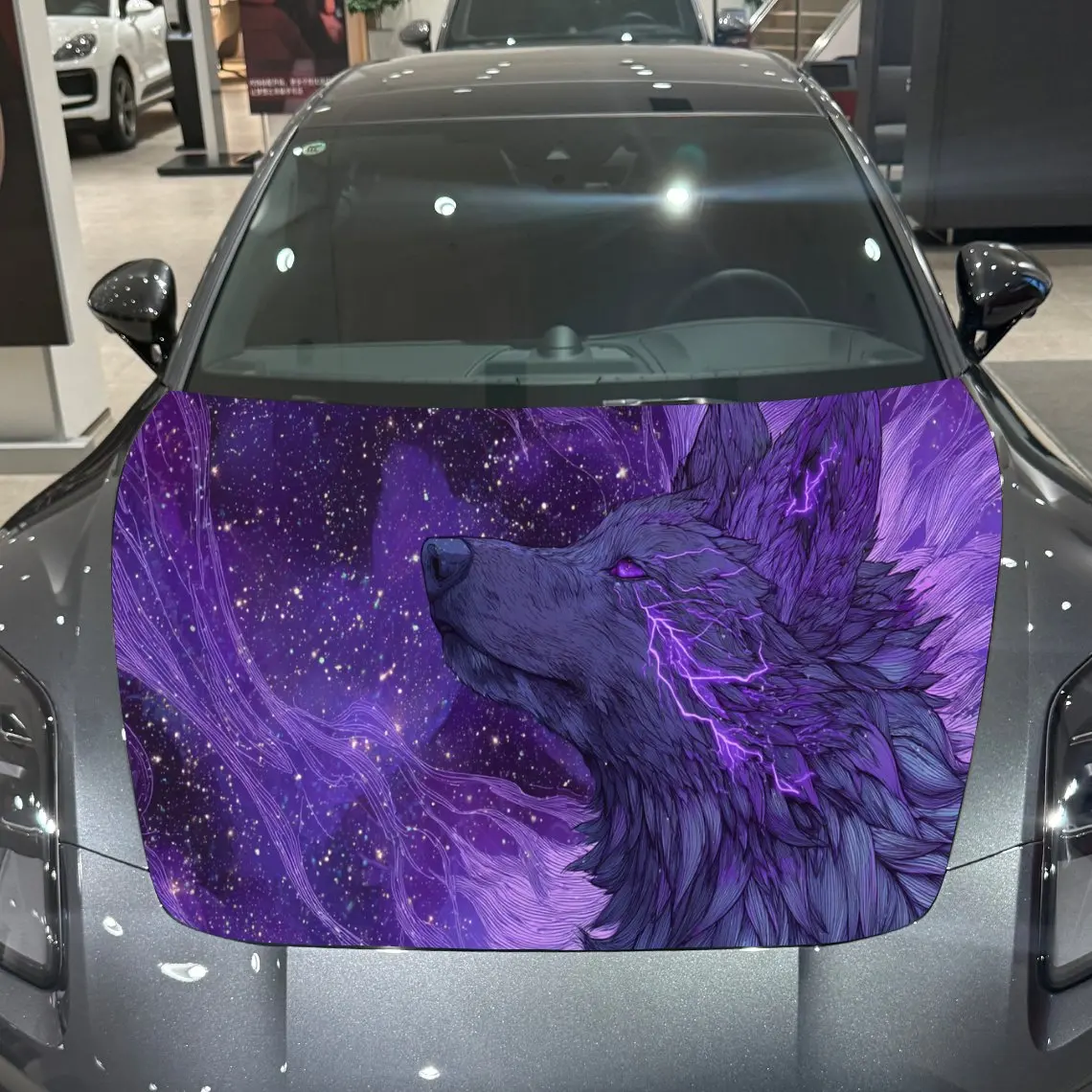 

Purple Neon Wolf Cosmic Adventure PVC Car Engine Hood Vinyl Wraps, Self-Adhesive Waterproof Car Hood Decal Sticker, Car Decorati