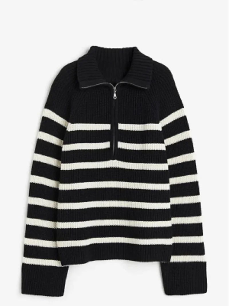 Fashion Women\'s Loose Striped Knitted Sweaters Quarter Zip-up Lapel Sweatshirt Long Sleeve Female Pullovers Chic Knitwear Tops