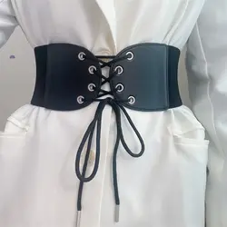 Vintage Women's Lace-up Waist Wrap Black PU Elastic Belt Slimming Bow All Over Waist Accessories