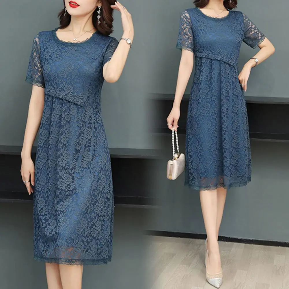 Women Dress Hollow Out Lace Flower Embroidery Lady Dress A-line Double Layers Short Sleeve Lady Midi Dress