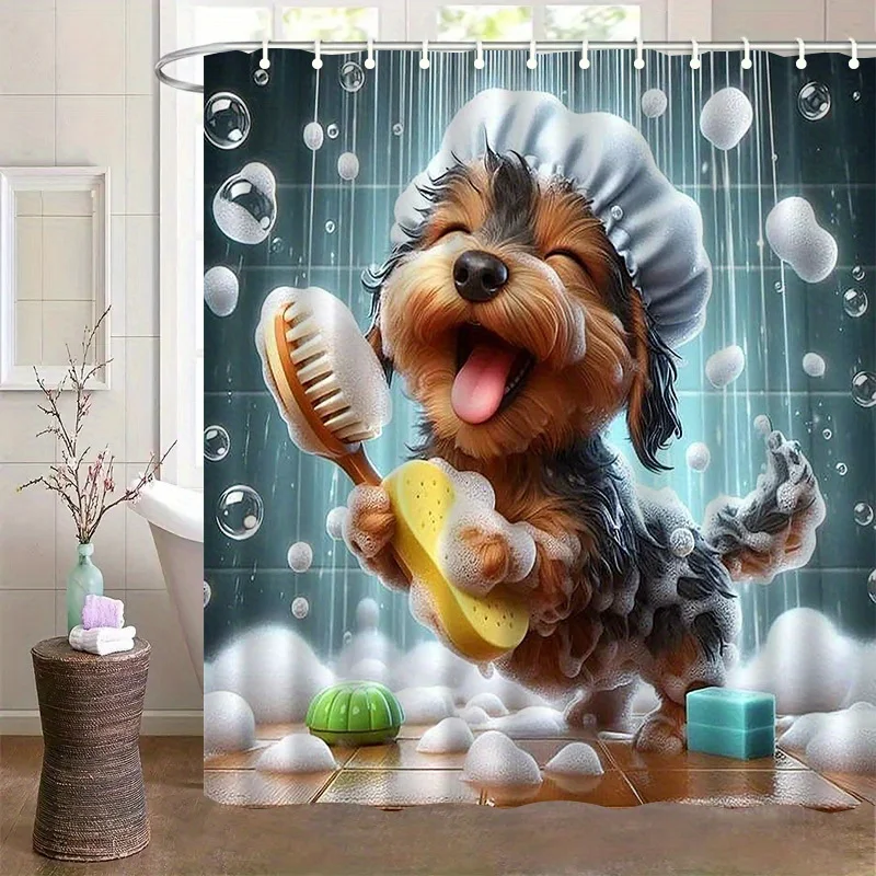 Cute Dog Shower Curtain Waterproof Fabric Bathroom Curtains Funny Puppy Bathing Bath Screen Divider Home Decor With Hooks