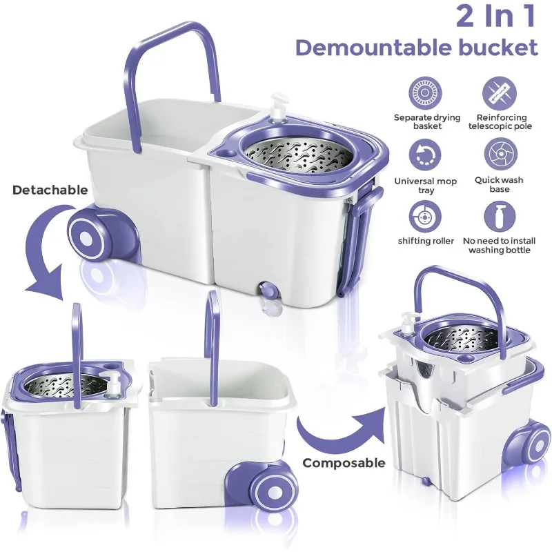 Spin Mop Bucket System with Wringer Set, Mop Buckets Separate Clean and Dirty Water,360° 6psc Microfiber Spin Mops, 51.2