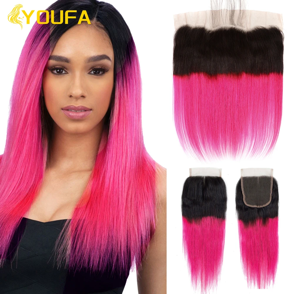 YOUFA Ombre Hot Pink 4x4 13x4 Lace Closures Free Part 100% Brazilian Straight Human Hair Frontals 1B/Pink Pre Colored Closures