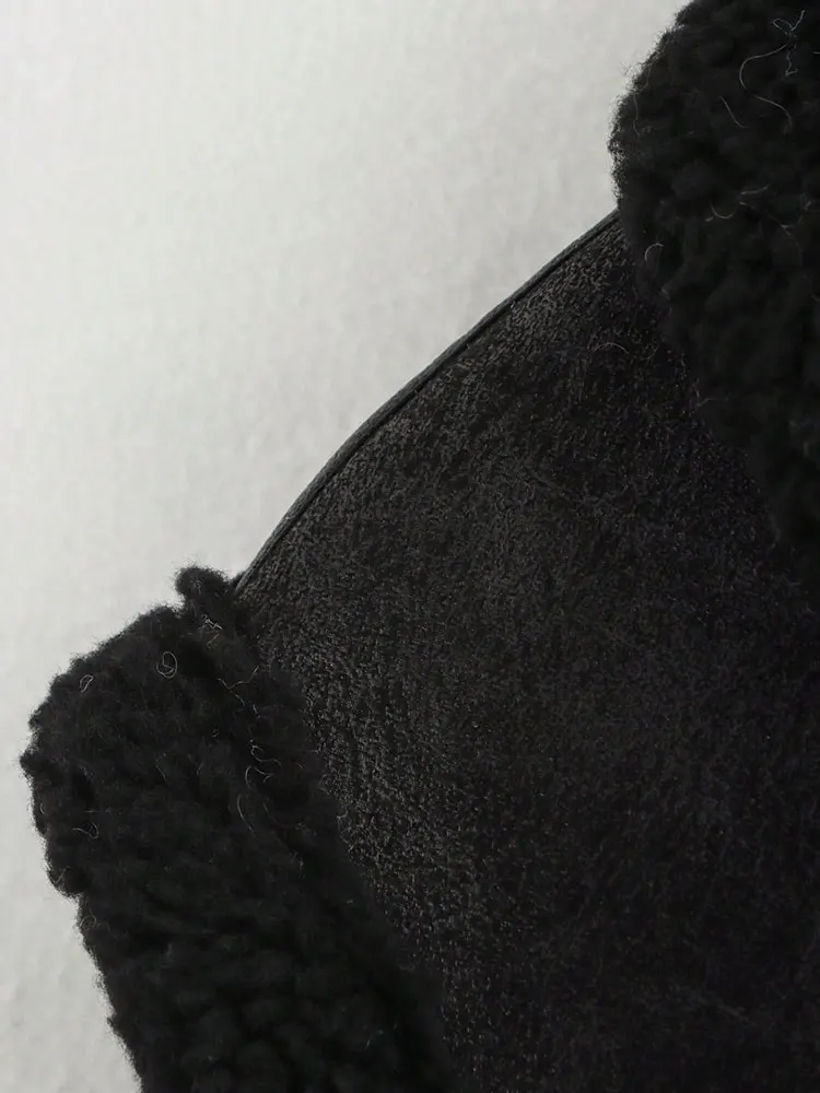 HH Women Vintage Black Faux Leather Fleece Waistcoats Sleeveless Zipper Vest Tops 2025 Autumn Winter Thick Warm Outwear