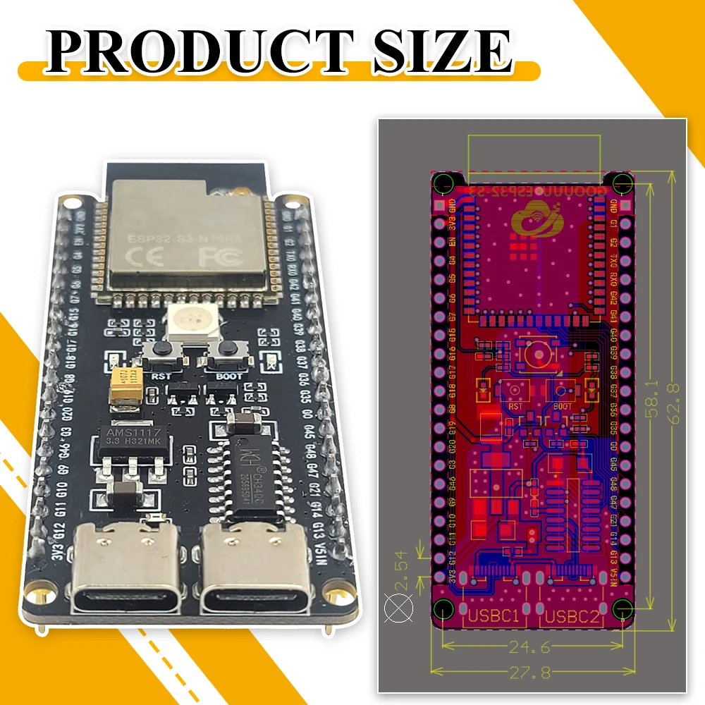 ESP32-S3-DevKitC-1 Development Board BT 2.4G Wifi Module for Arduino 16MB FLASH N16R8 42Pin CH340C Type-C ESP32 S3 8MB PSRAM