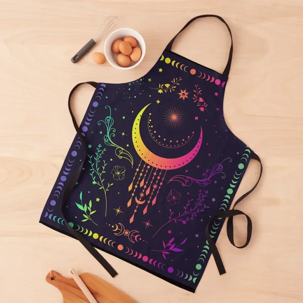 

Rainbow Celestial crescent moon with floral accents and moon phase tie dye Apron Chef Accessory christmas decoration Apron