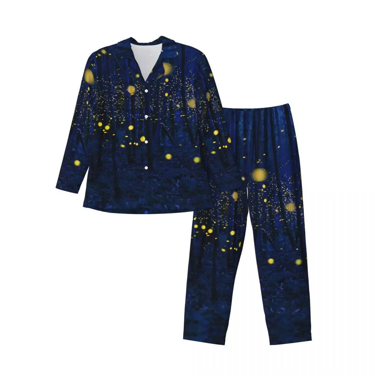 Pajamas Men Forest Print Room Nightwear Fireflies Two Piece Casual Pajama Sets Long Sleeve Romantic Oversized Home Suit