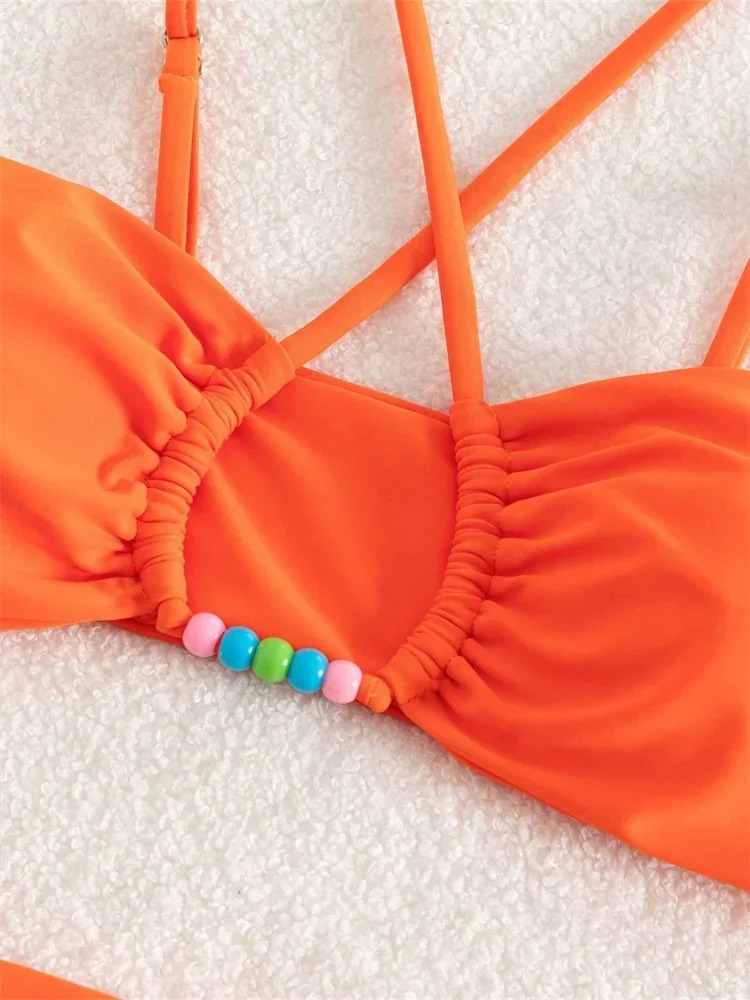 Set bikini sexy a vita alta donna 2024 arancione viola scava fuori perle push up micro costume da bagno costume da bagno da spiaggia costumi da bagno con lacci