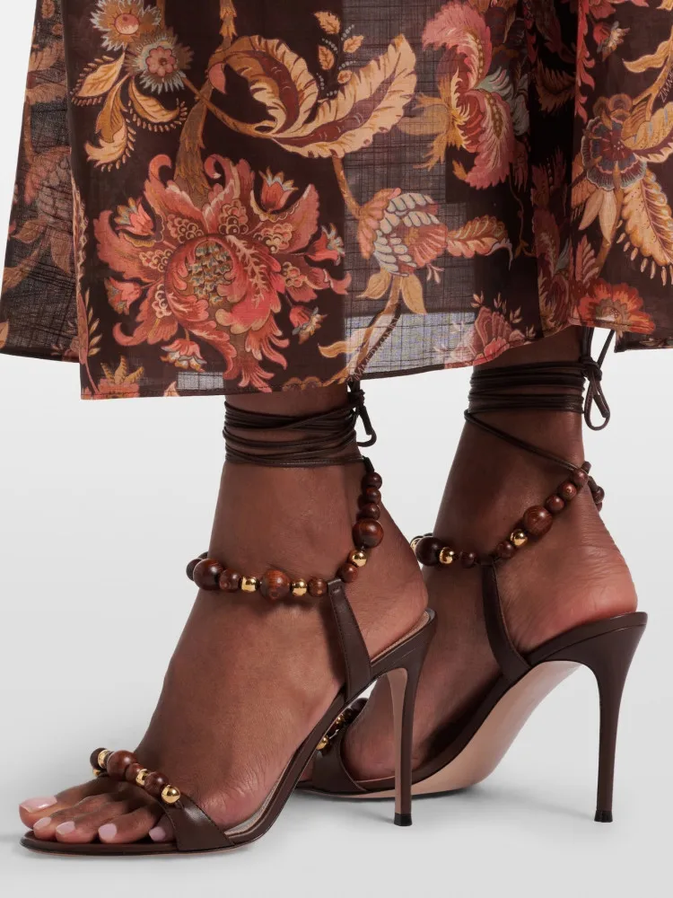 2026 New Straight Strap Bead Exposed Toe High-heeled Sandals with Ankle Straps for Banquets and Weddings, Women's Sandals