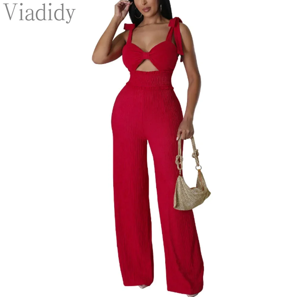 

Women's Sexy Solid Color Spaghetti Strap Sleeveless High Waist Wide Leg Jumpsuits