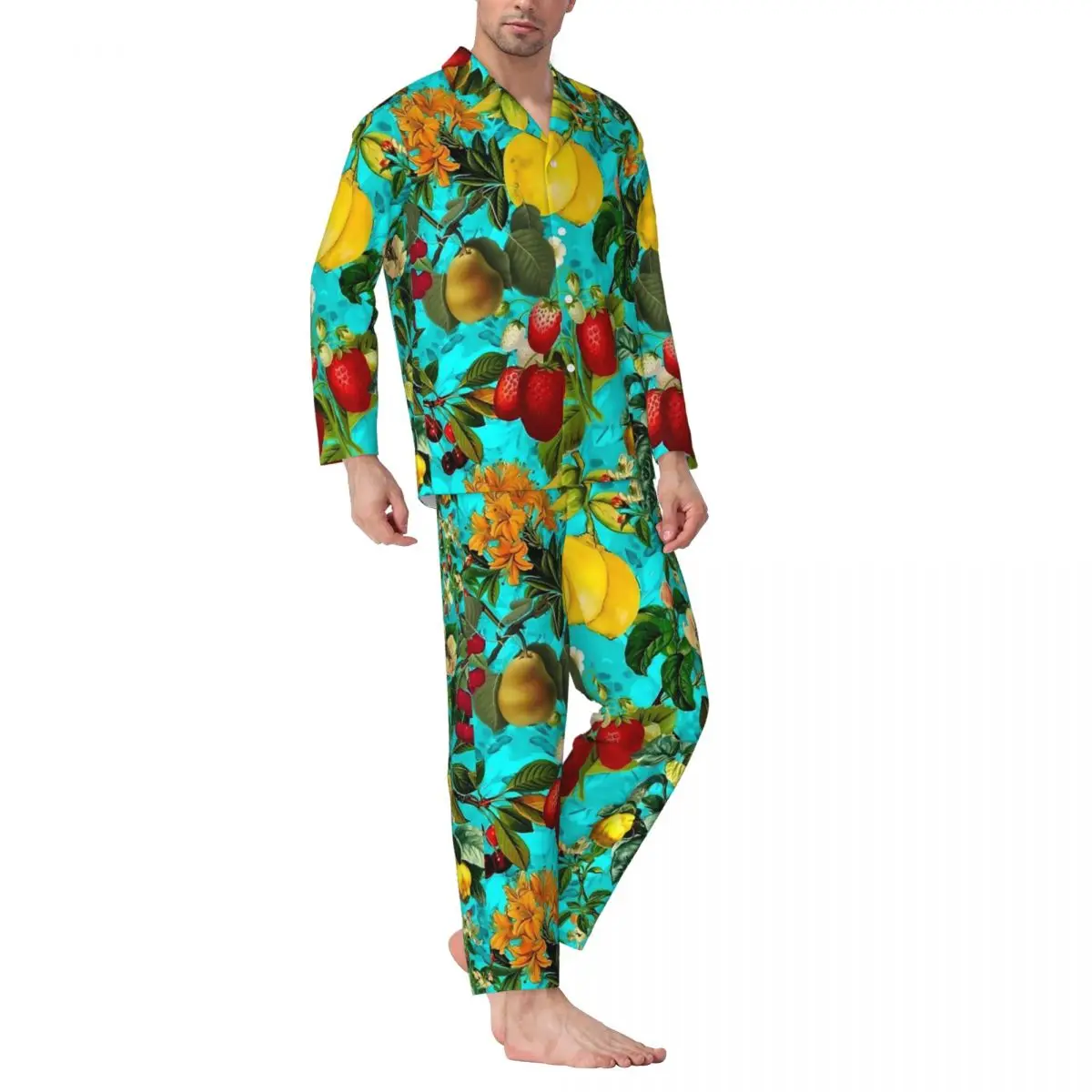 Pajamas Man Vintage Fruit Print Bedroom Nightwear lemon and strawberry Two Piece Pajamas Set Long Sleeve Oversized Home Suit