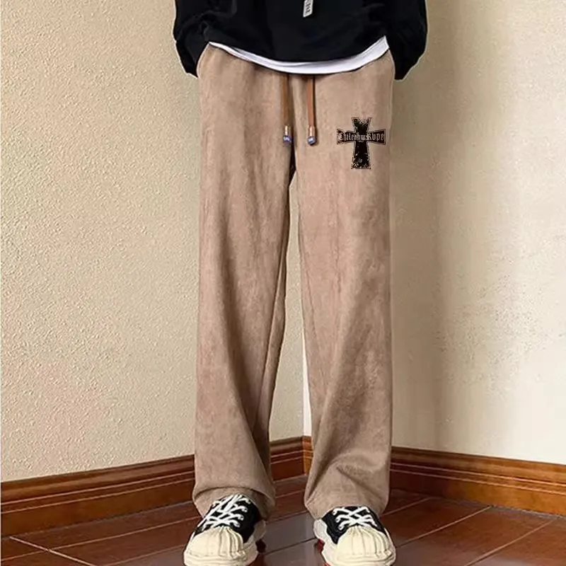 

Теплые повседневные замшевые брюки для мужчин, осень-зима, большие размеры, прямой крой, с принтом, модная уличная одежда, полиэстер, для молодежи, на каждый день