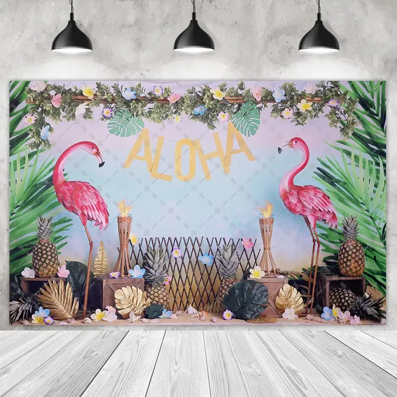 Aloha Flamingo Birds Party Backdrops Children Kids Birthday Photography Cake Smash Green Plants Background Photo Shoot Studio