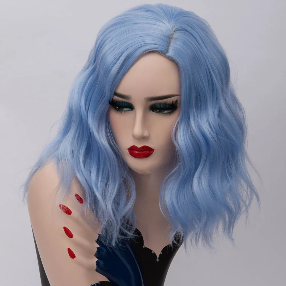 باروكة نسائية قصيرة مموجة باللون الأزرق في الجزء الأوسط مقاومة للحرارة للحفلات التنكرية والحفلات اليومية #2