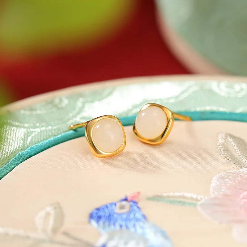 Natural Hetian Jade S925 Sterling Gold-Plated Square And Round Silver Stud Earrings