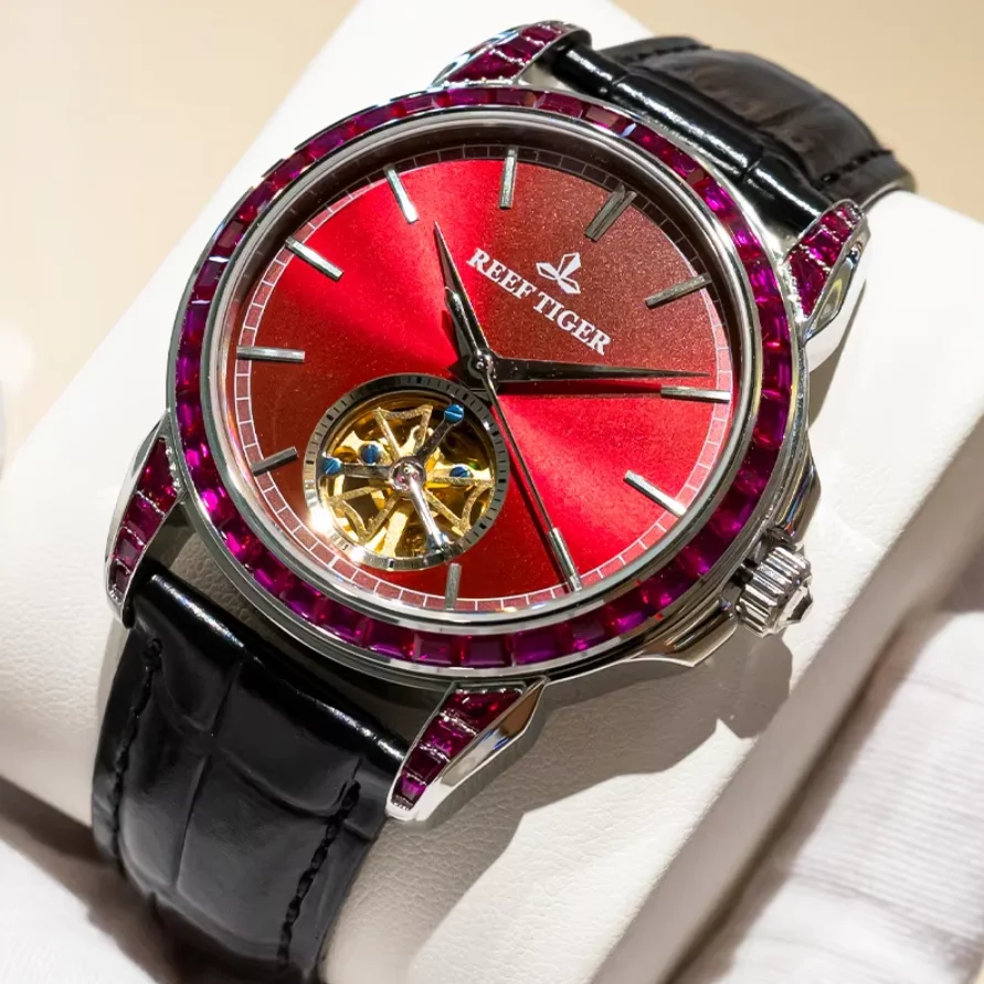 Reef Tiger Men Automatic Watch 42.7mm Mechanical Wristwatch Luminous Skeleton Flywheel Dial Crystal Bezel Sapphire Mirror