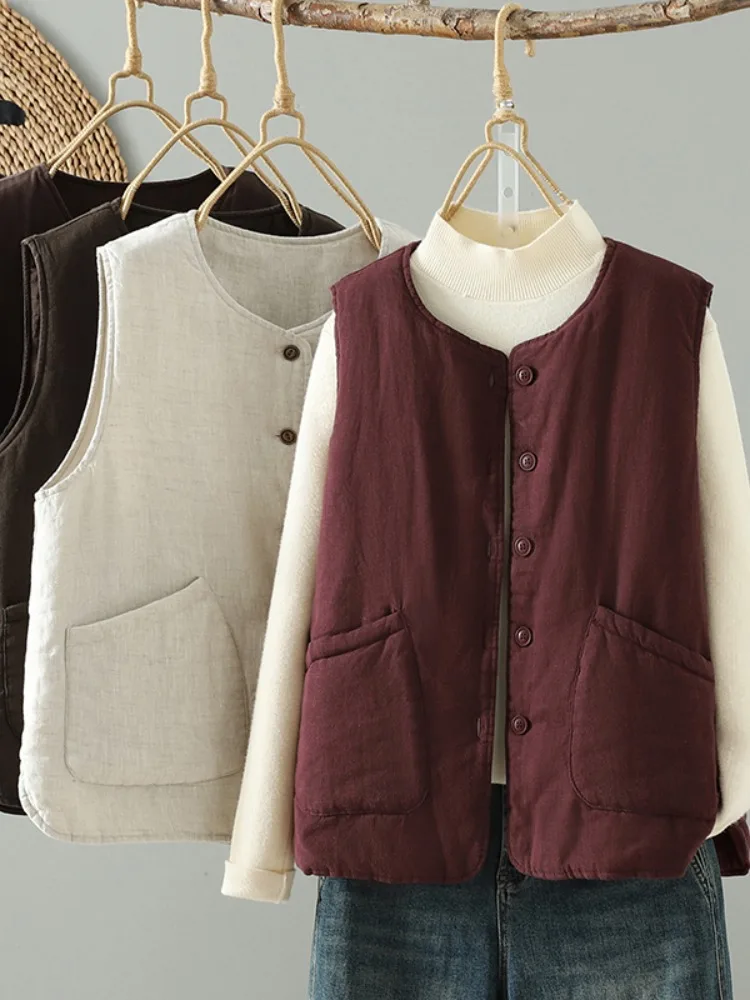 Retro Artistic Women's Thickened Cotton Vest Outerwear Winter Warm Double Cotton Shoulder Pad Layered Wear Jacket Coat