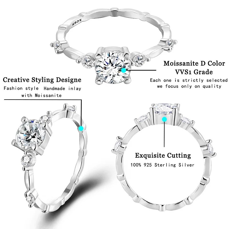 ALIZERO 1ct D Color Moissanite Ring for Woman 925 Sterling Silver Plated 18k White Gold with GRA Wedding Band Fine Jewelry