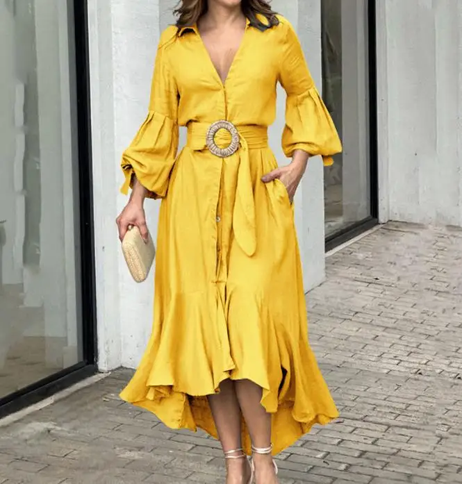 Women's Urban Fashion Dress 2024 Spring Summer Latest Chic V-Neck Lantern Sleeve Ruffle Hem Pocket Design Maxi Dress Long Skirt