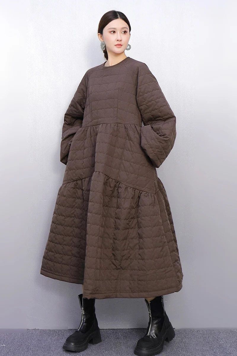 2025 Winter Elegante Frauen Casual Lose Baumwolle Jacke Lose A-linie Design Kleider Weibliche Lange Hülse Kleid Großhandel J2099