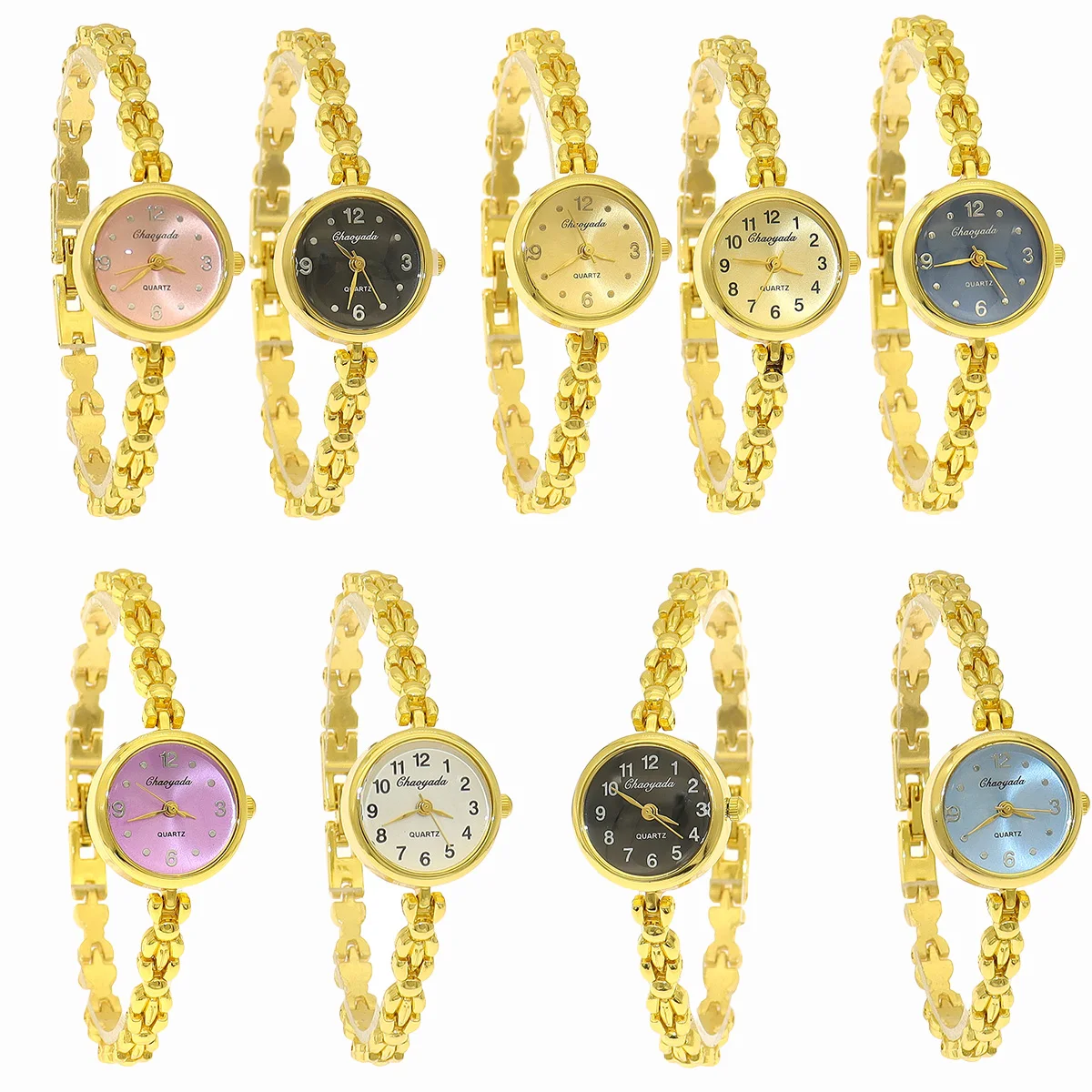 

9Pcs Gold Ladies Quartz Watch Elegant Thin Bracelet Wristwatch Simple Fashion Women's Timepiece