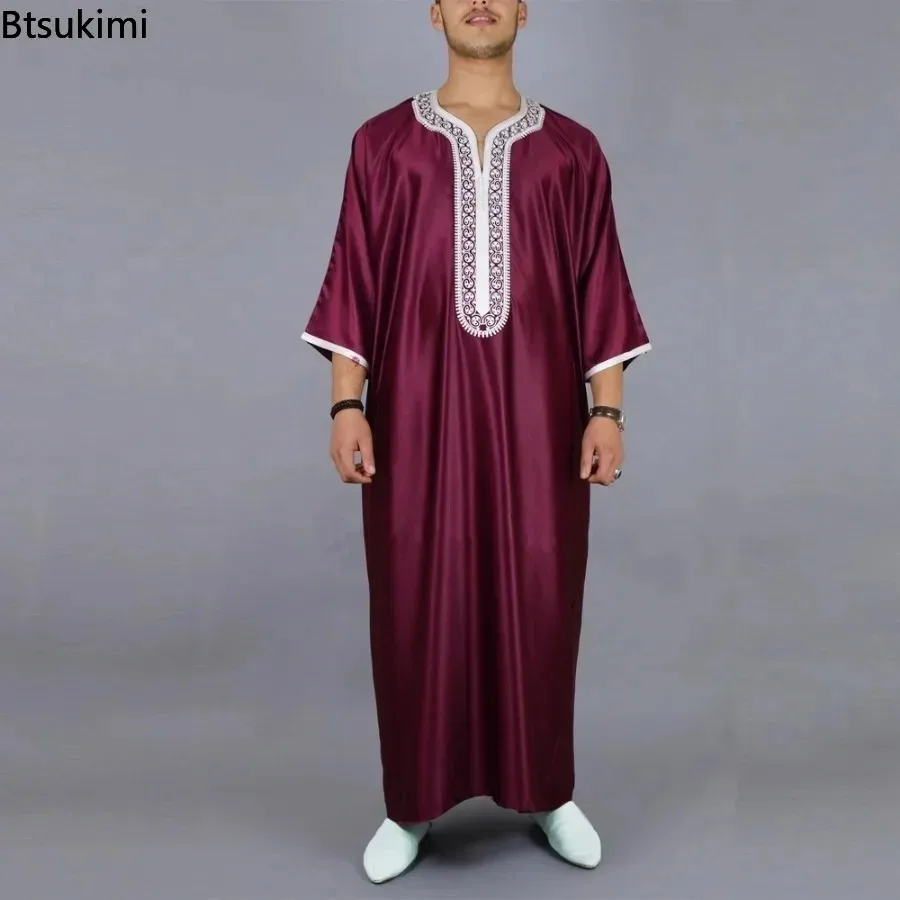 2024 Men\'s Muslim Thobe Middle East Jubba Thobe Long Sleeves Islamic Robe Men Muslim Dress Saudi Arabic Hooded Thobe Abaya Male