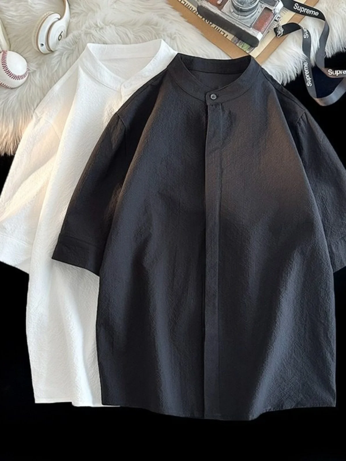 

Pure Color Ice Silk ort Sve irt y Мужская свободная посадка Casual Haome Воротник-стойка Seven Quarter Sve Summer irt