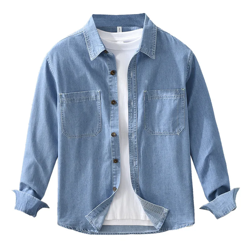 Japanese Fashion New Long Sleeve Denim Shirt Men Streetwear Retro Jean Tops Male Lapel Double Pockets Cowboy Shirt Causal Shirts