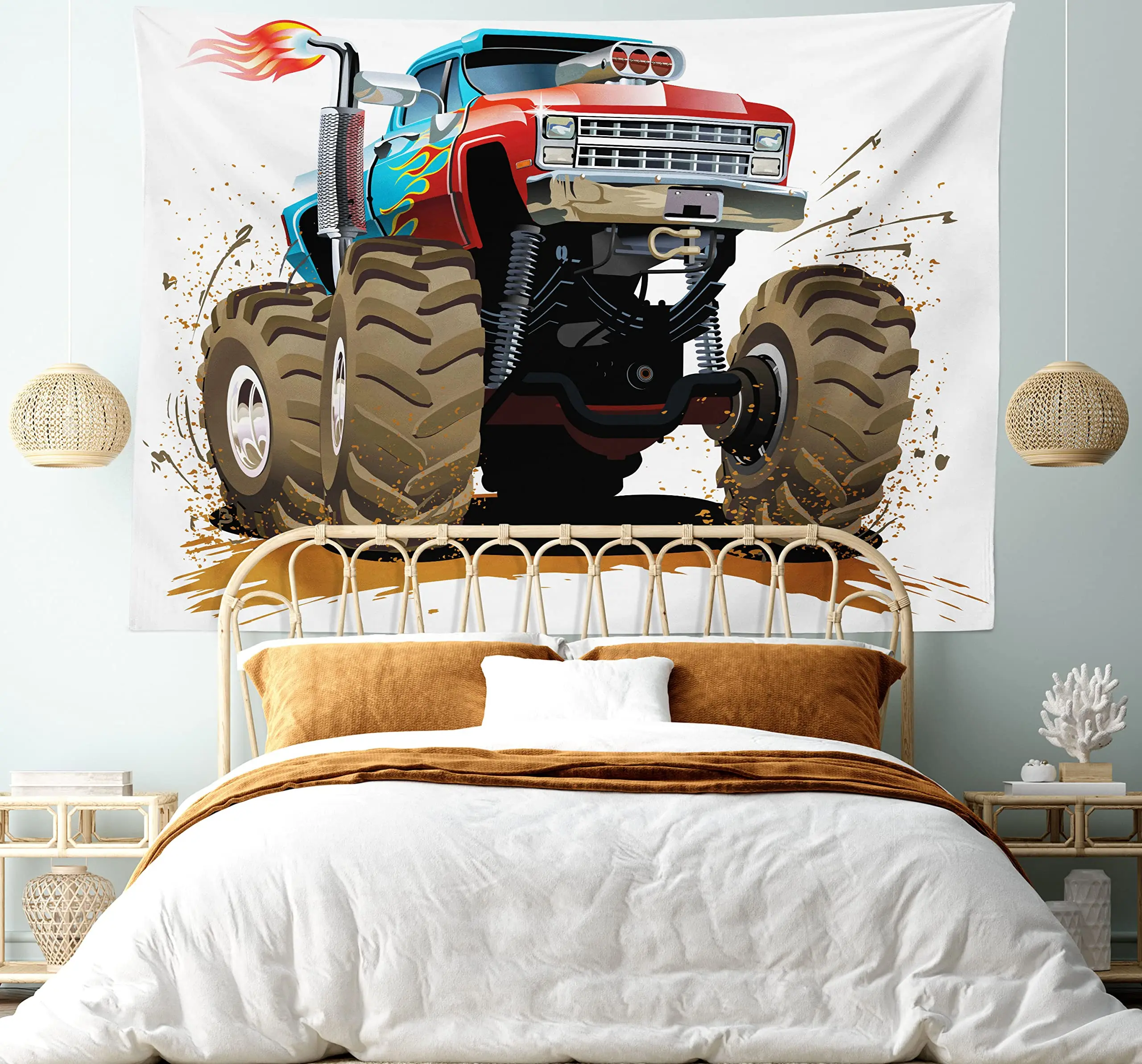 Cartoon Car Tapestry Popular Large Suspension Machinery Monster Truck Off To Road Art Wall Hanging for Bedroom Living Room Dorm