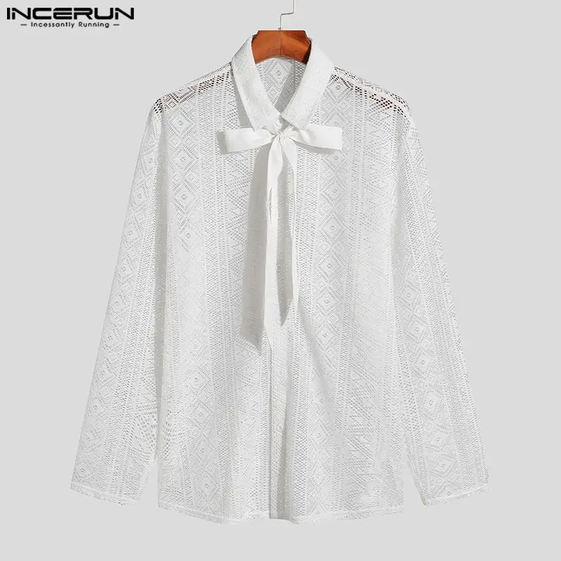 Stylish Casual Style Tops INCERUN 2024 Mens Vertical Strip Hollow Blouse Sexy See-through Lace Striped Long-sleeved Shirts S-5XL