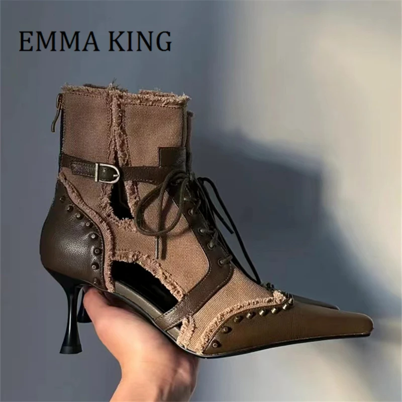 

Women Mix Color Ankle Boots Sexy Pointy Toe Kitten Heel Boots British Style Fashion Denim Shoes Buckle Strap Lace Up Knight Boot