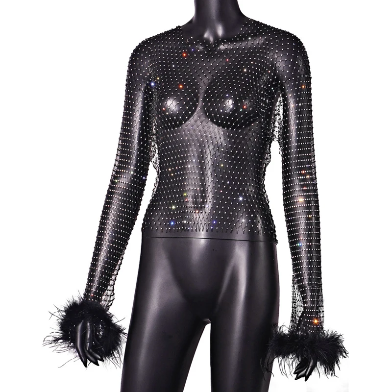 Damen-Strass-Netzoberteil, glitzerndes, durchsichtiges Mesh-T-Shirt, transparentes Diamant-Shirt, Federbündchen, Party-, Abend- und Clubwear, Y2K-Bluse – Detail 11
