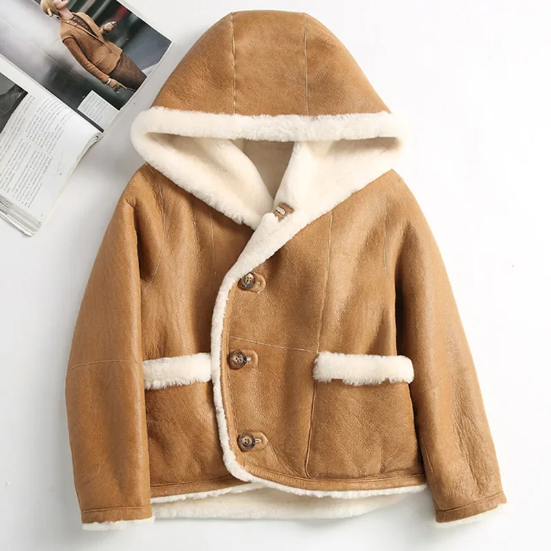 Chaqueta de piel de oveja para mujer, abrigo de lana de oveja auténtica a la moda, Abrigo Reversible con capucha de doble cara, invierno 2024