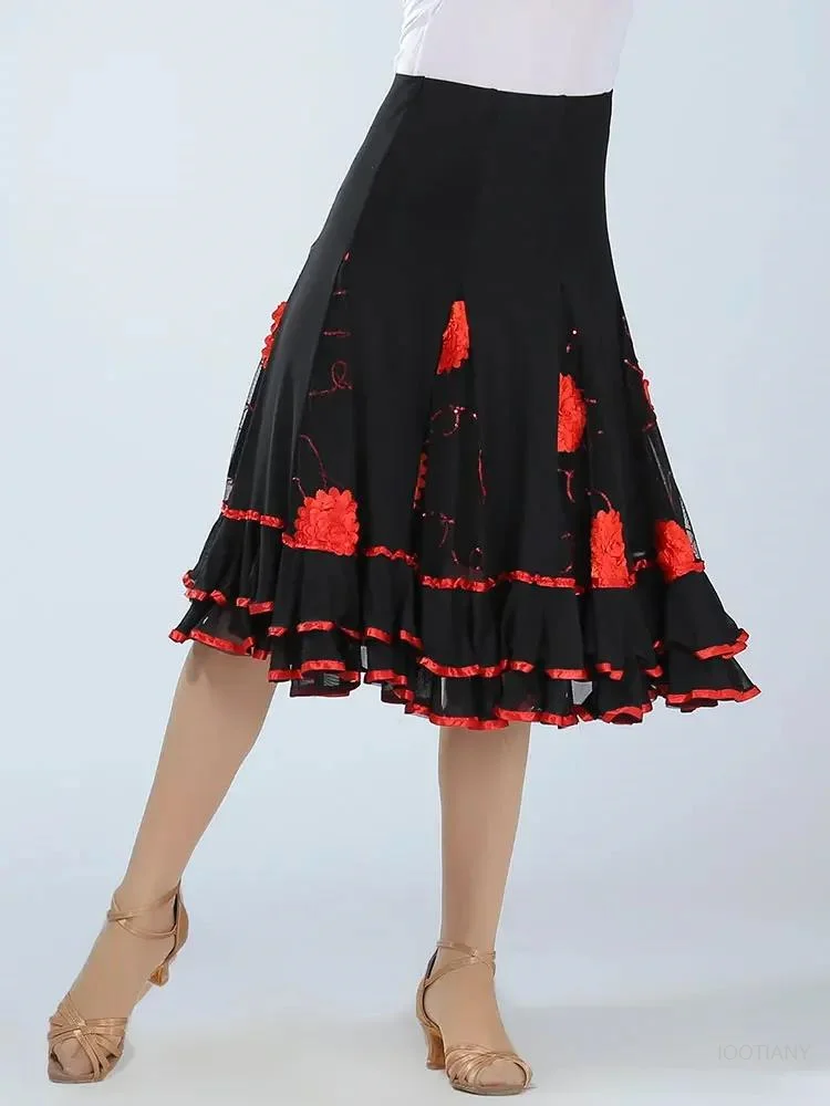 Traje de baile de lentejuelas para mujer, falda estándar de Flamenco de baile de salón de flores rojas, falda de baile moderna de columpio suave para fiesta de vals negra