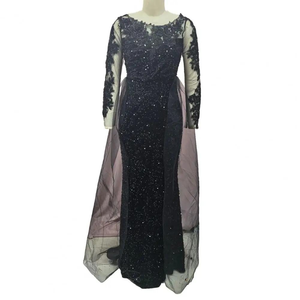 

Soft Lightweight Fabric Dress Comfortable Evening Gown Elegant Sequin Evening Dress with Lace Sleeves for Cocktail for Weddings
