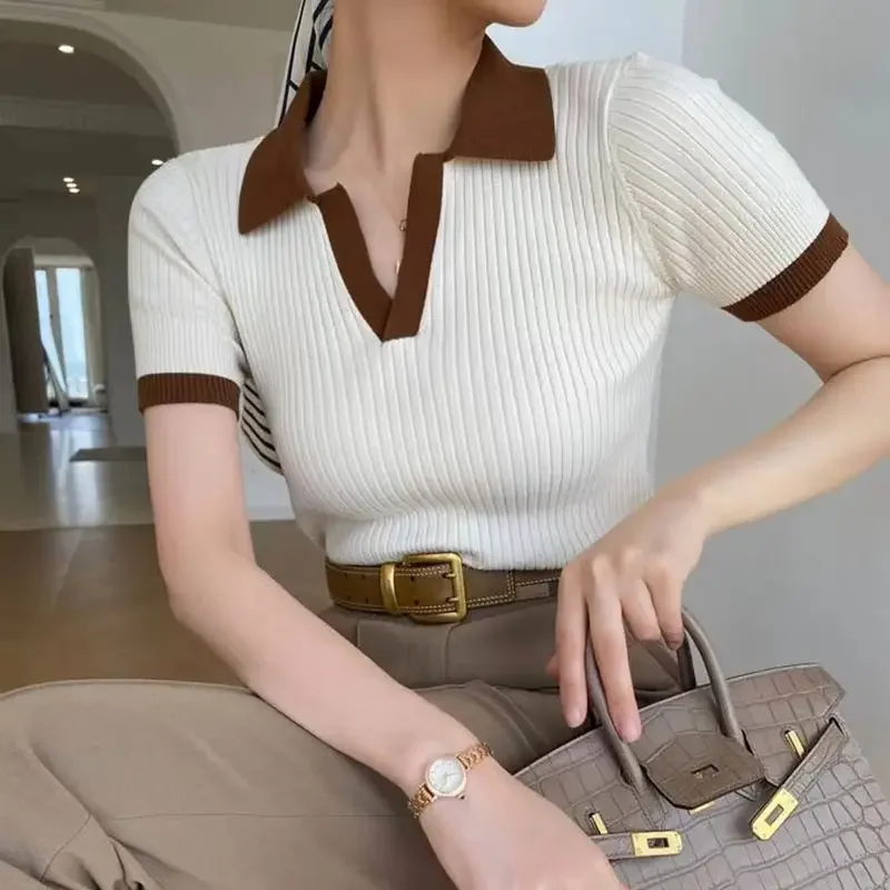 Vintage Knitted T-shirt Women\'s Polo Shirts Tops Short Sleeves Slim Korean Fashion Plus Size Luxury Designer Wear V20