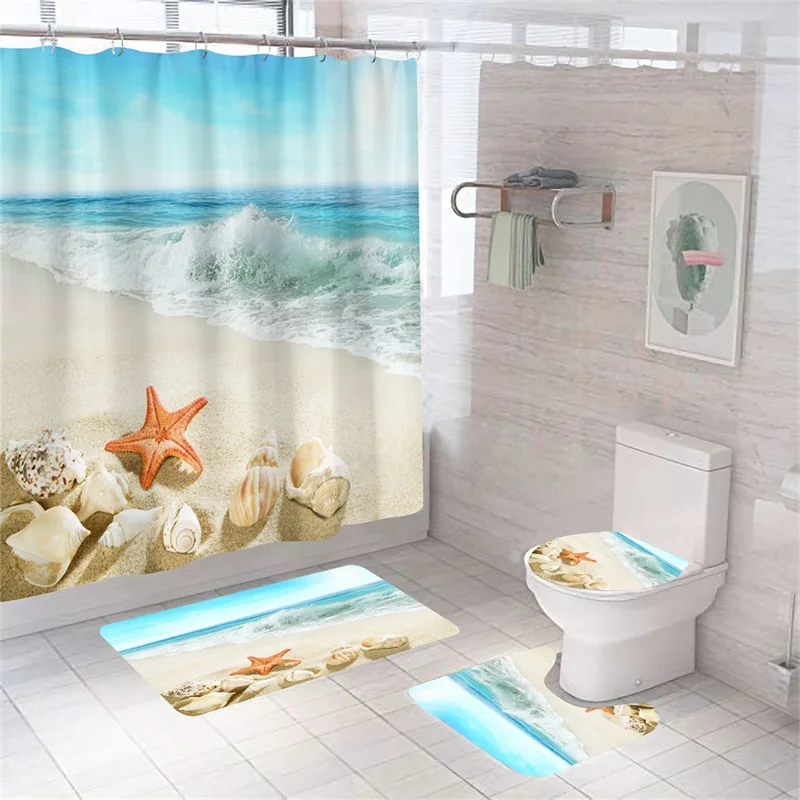 Print Shell Starfish Shower Curtains Ocean Beach New Bath Mat Set Waterproof Bath Curtain Polyester Anti-slip Carpet Toilet Rugs