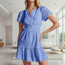 Women'S Summer Dresses Women'S Casual Solid Color V Neck A Line Hollow Lace Pleated Short Sleeved Mini Dress 2024 Elegant