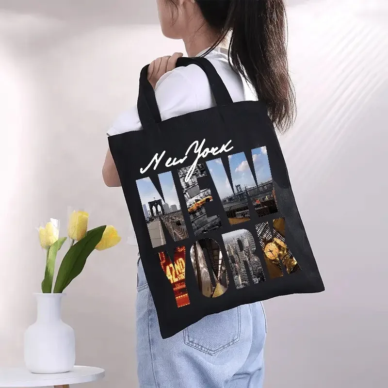 Single Size Single Print Design. Tote Bag | Unisex Black, New York City Skyline Print Spacious with Fixed Shoulder Straps