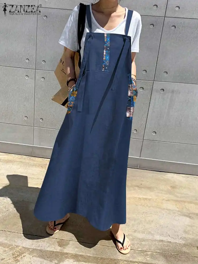 ZANZEA Women Straps Suspender Dress Fashion Korean Cotton Vestidos 2024 Summer All-match Maxi Robe Casual Loose Poket Dresses