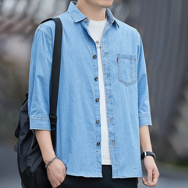 2023 Spring New Men\'s Short Sleeve Denim Shirts Autumn Korean Trend 100% Cotton Loose Casual Shirt Male Classic Thin Jean Jacket