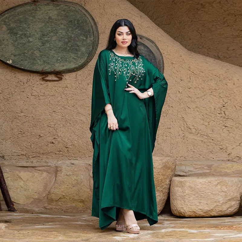 

Ky1324 Women's Long Dress Fashionable Beaded Matte Satin Party Evening Dress Robe Abaya Ramadan Dubai Luxury Islam Elegant