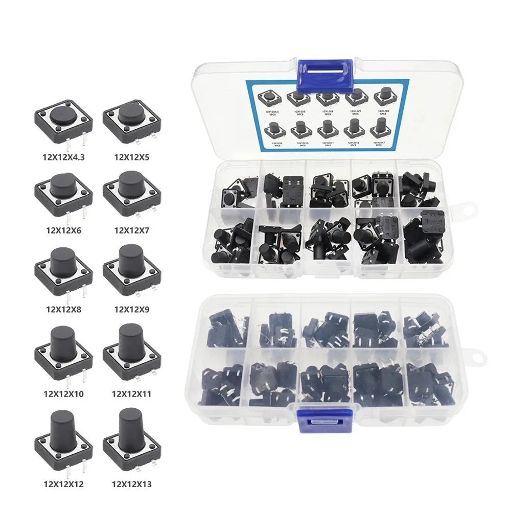 50PCS 12X12X4.3MM DIP Tact Switch Tactile Push Button Switch Kit Height: 4.3 5 6 7 8~13MM SMD 4P Micro Switch 12*12*5 Key