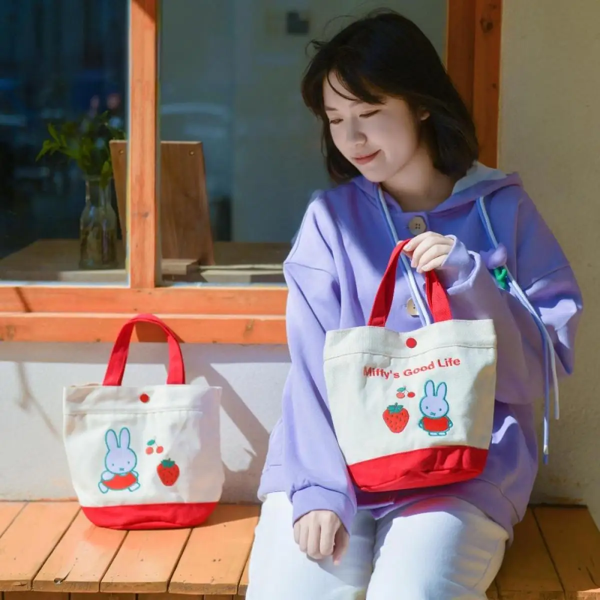

Miffy Rabbit Kawaii Anime Canvas Single-Shoulder Bag Cute Cartoon Portable Handbag Sweet Girls Embroidered Lunch Box Bag