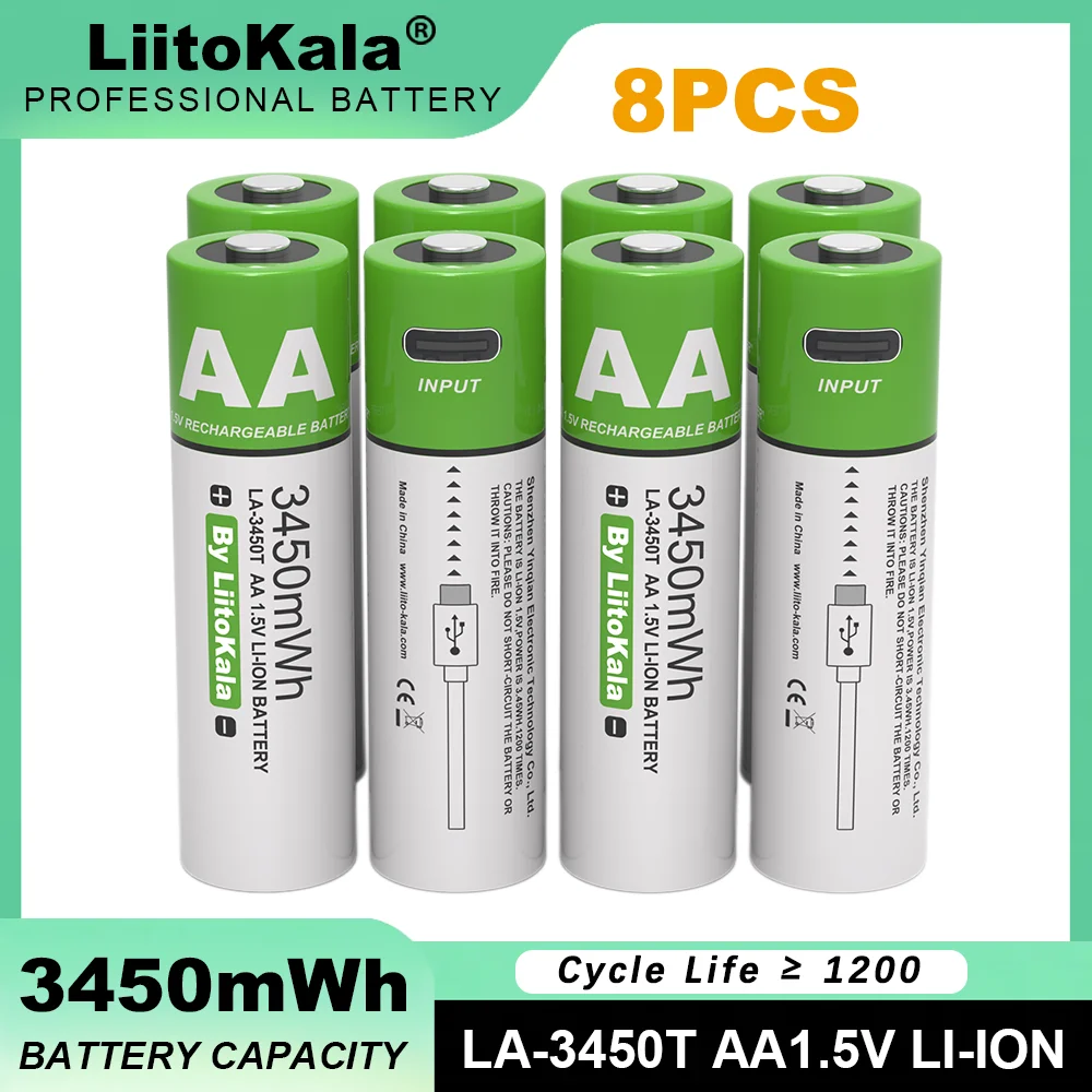 8PCS Liitokala LA-3450T AA 1.5V 3450mWh Lithium Rechargeable Battery Large Capacity Type-C USB Fast Charge for Mouse Toy