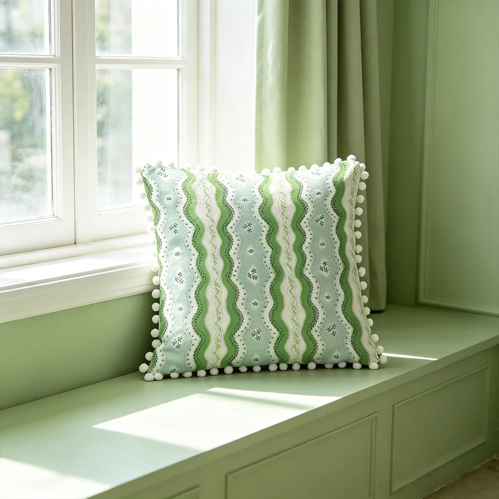 1PC Green Shadow Flower Print Pillow Cover Pom Pom Tassel Botanical Leaf Decorative Throw Pillow Sofa Couch Bedroom Home Decor